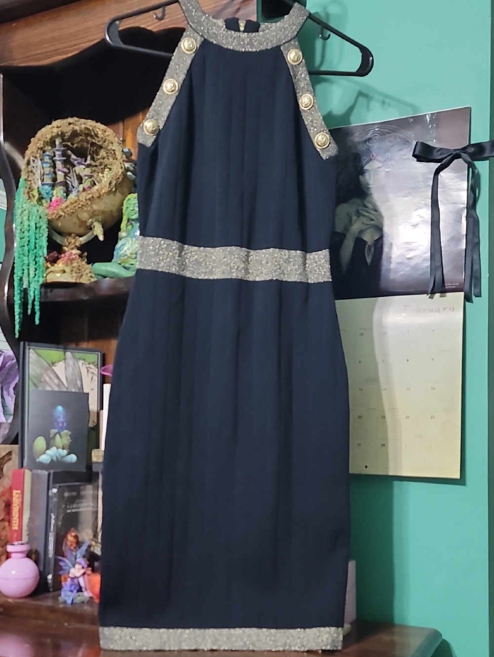 Black Knit Halter Dress With Gold Buttons And Metallic Lurex Trims - Picture 3 of 11